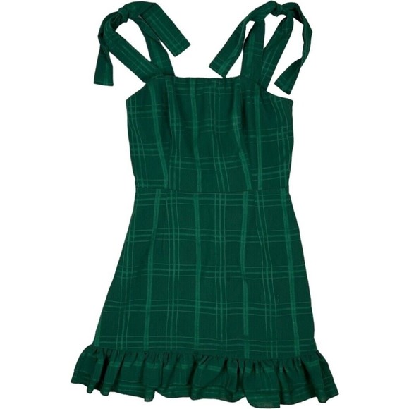 Showpo Australia Mini Dress Dark Green Plaid Bows Shoulder Tie US10 AUS UK 14 - Picture 4 of 6